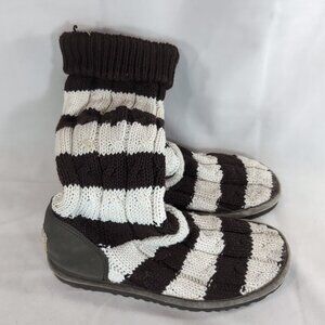 UGG Australia Striped Knit Sock Boots Brown Cream White Women US 7 Leather 5822